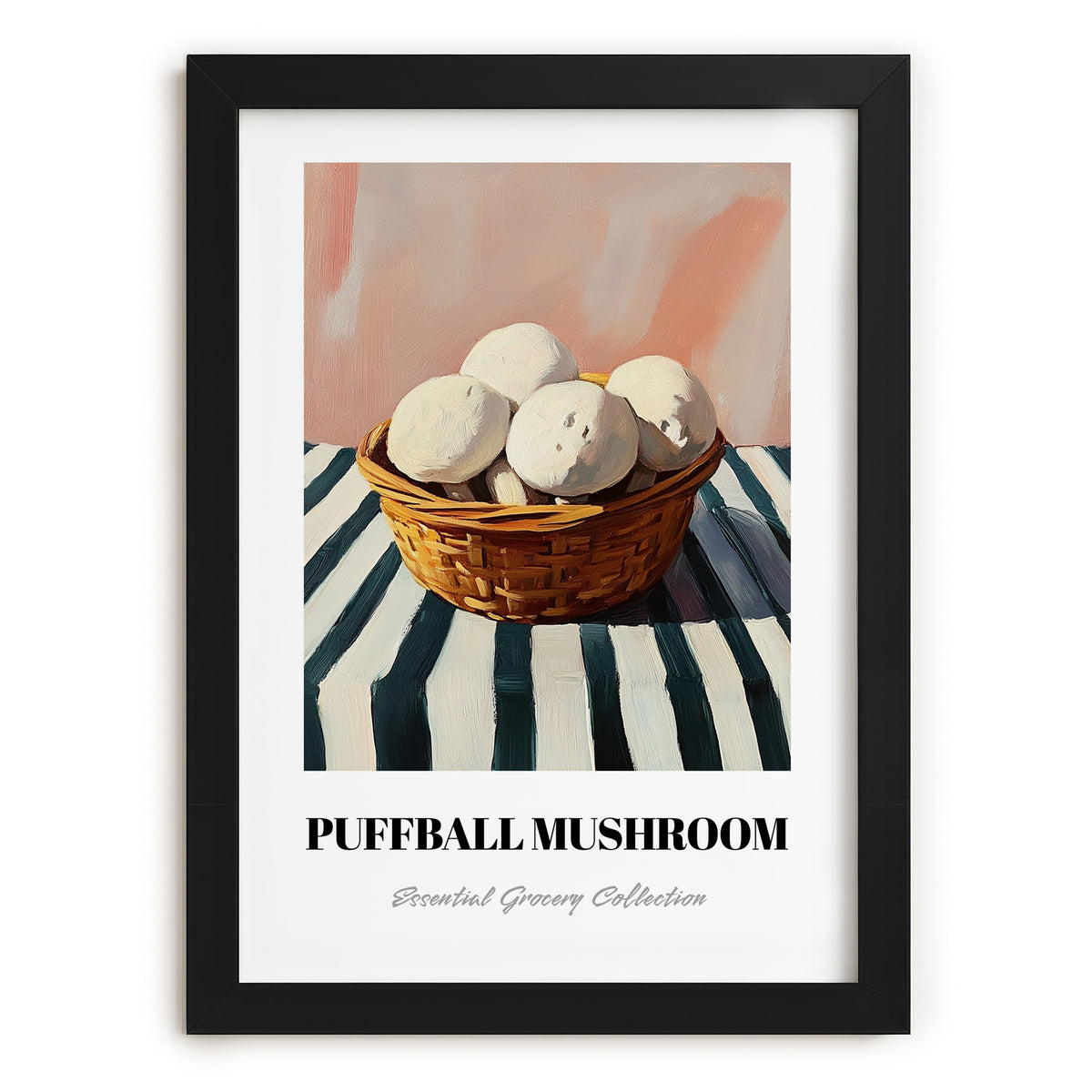 Puffball Mushroom – on Striped Tablecloth, Mushrooms Illustration, in sleek black frame