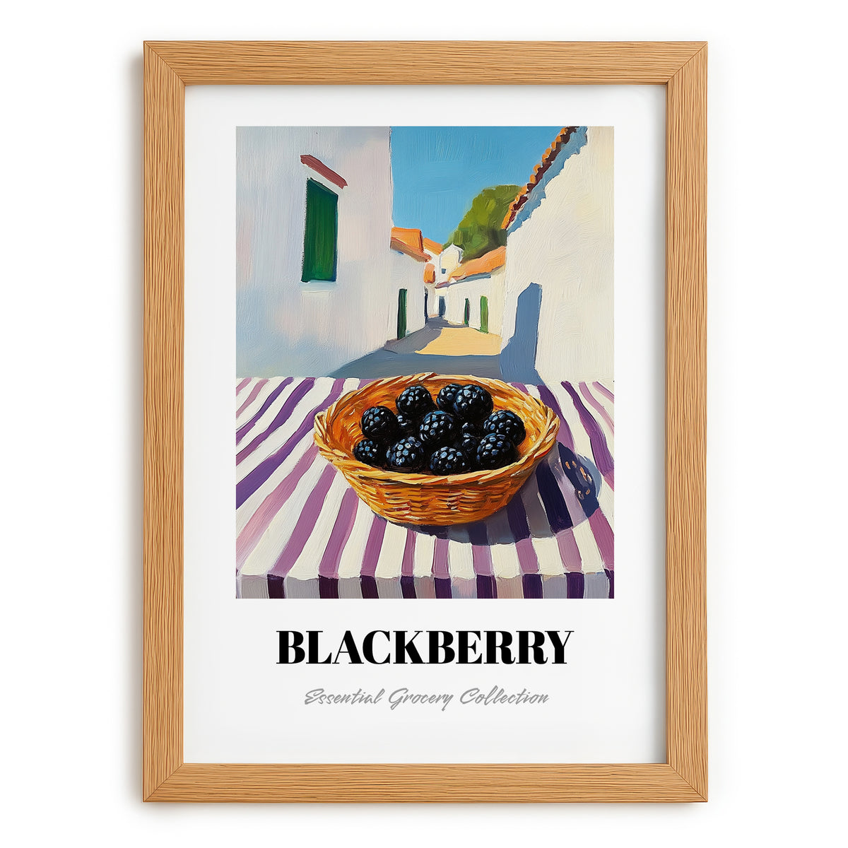 Blackberry – White village Street Café Scene, Berries Print, set in oak frame