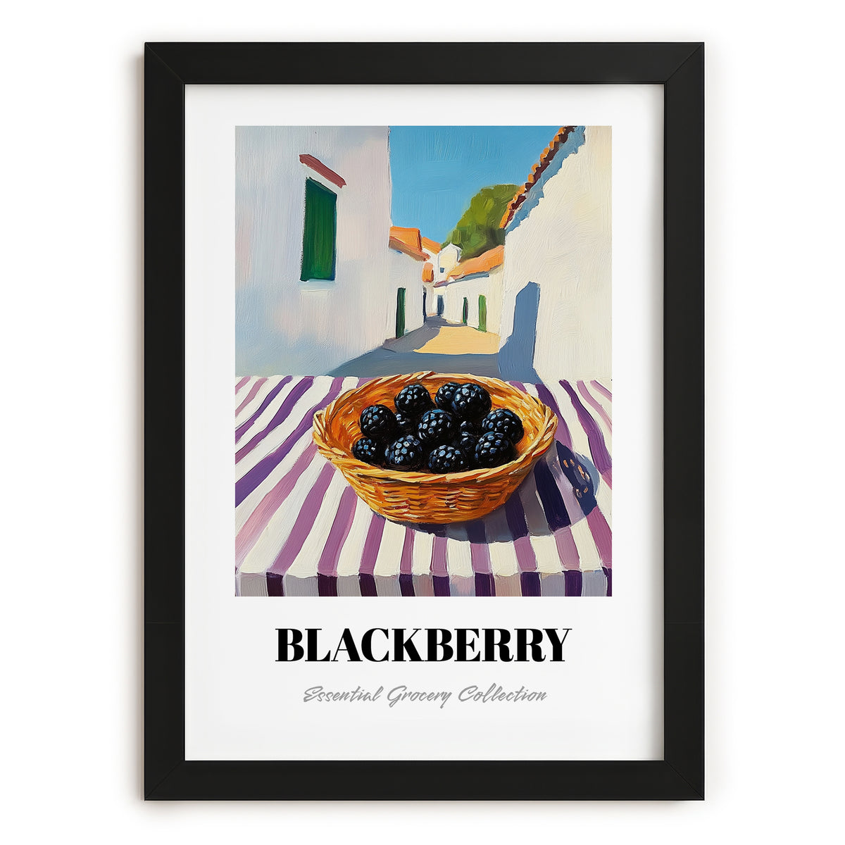 Blackberry – White village Street Café Scene, Berries Print, in sleek black frame