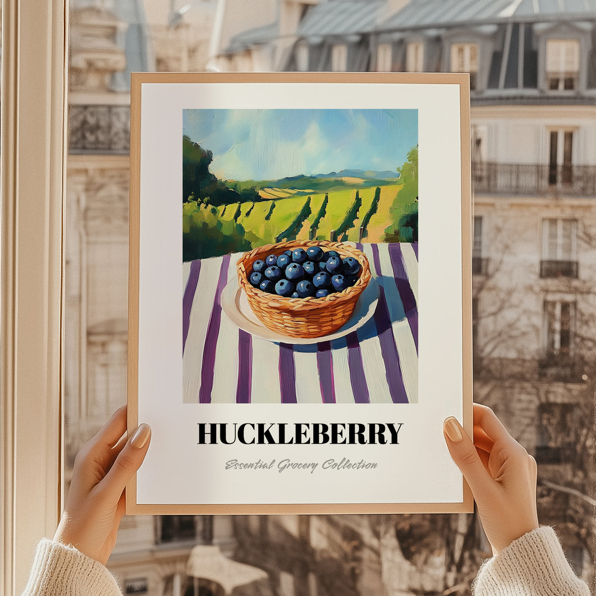 Huckleberry – Green Valley Landscape, Berries Painting, styled in a charming Paris street view