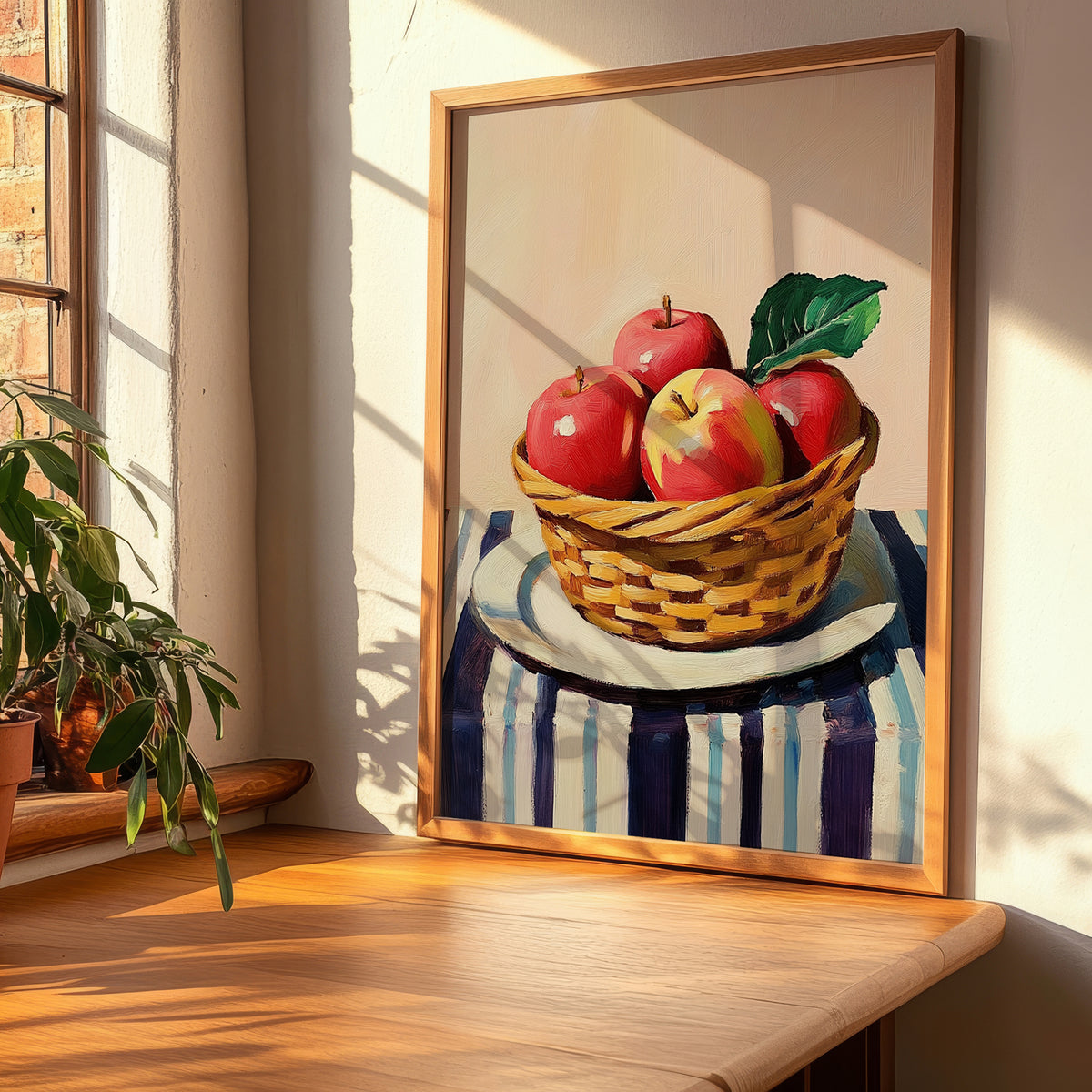 Apple – on Striped Tablecloth, Fruit Painting, clean layout with no caption