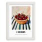 Cherry – on Striped Tablecloth, Fruit Still Life, placed in minimal white frame