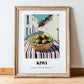 Kiwi – White village Outdoor Café Scene, Fruit Wall Art, in wooden frame leaning on the floor