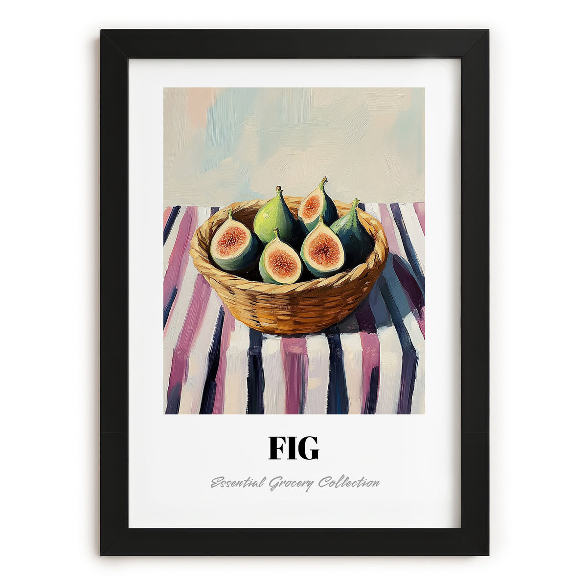 Fig – on Striped Tablecloth, Fruit Still Life, in sleek black frame