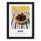 Date – on Striped Tablecloth, Fruit Print, in sleek black frame