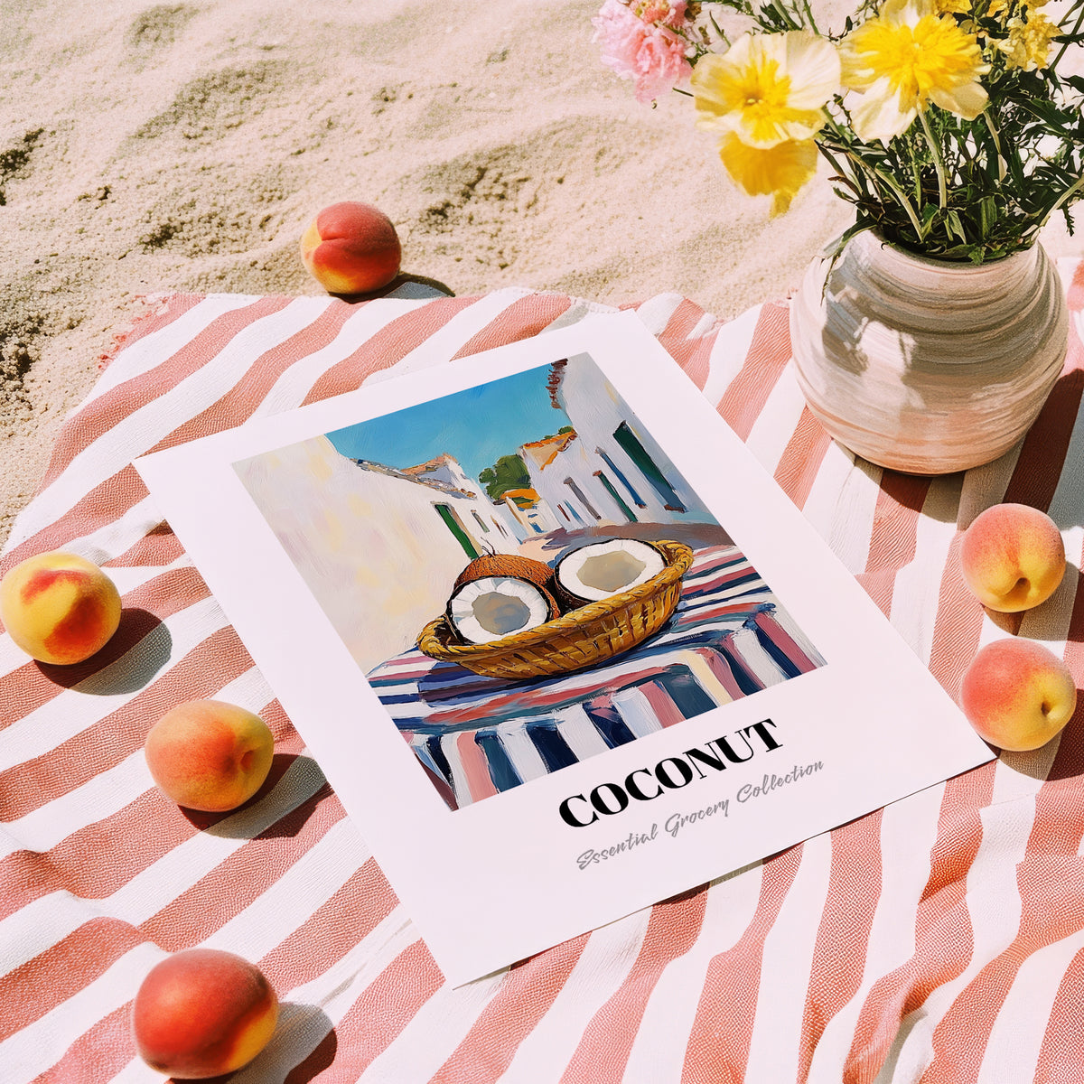 Coconut – White village Café on the Corner, Fruit Wall Decor, unframed on coastal sand