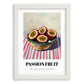 Passion Fruit – on Striped Tablecloth, Fruit Wall Decor, placed in minimal white frame