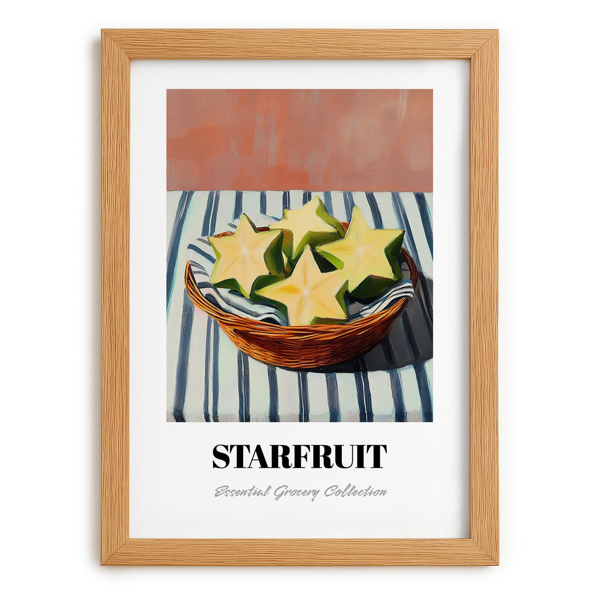 Starfruit – on Striped Tablecloth, Fruit Wall Decor, set in oak frame