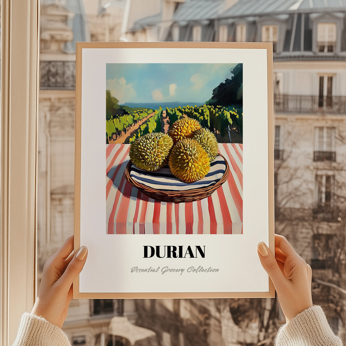 Durian – Valley Café Scene, Fruit Painting, styled in a charming Paris street view