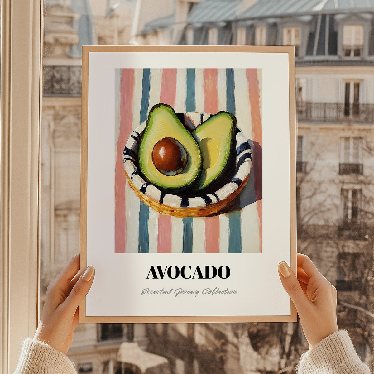 Avocado – on Striped Tablecloth, Vegetable Illustration, styled in a charming Paris street view