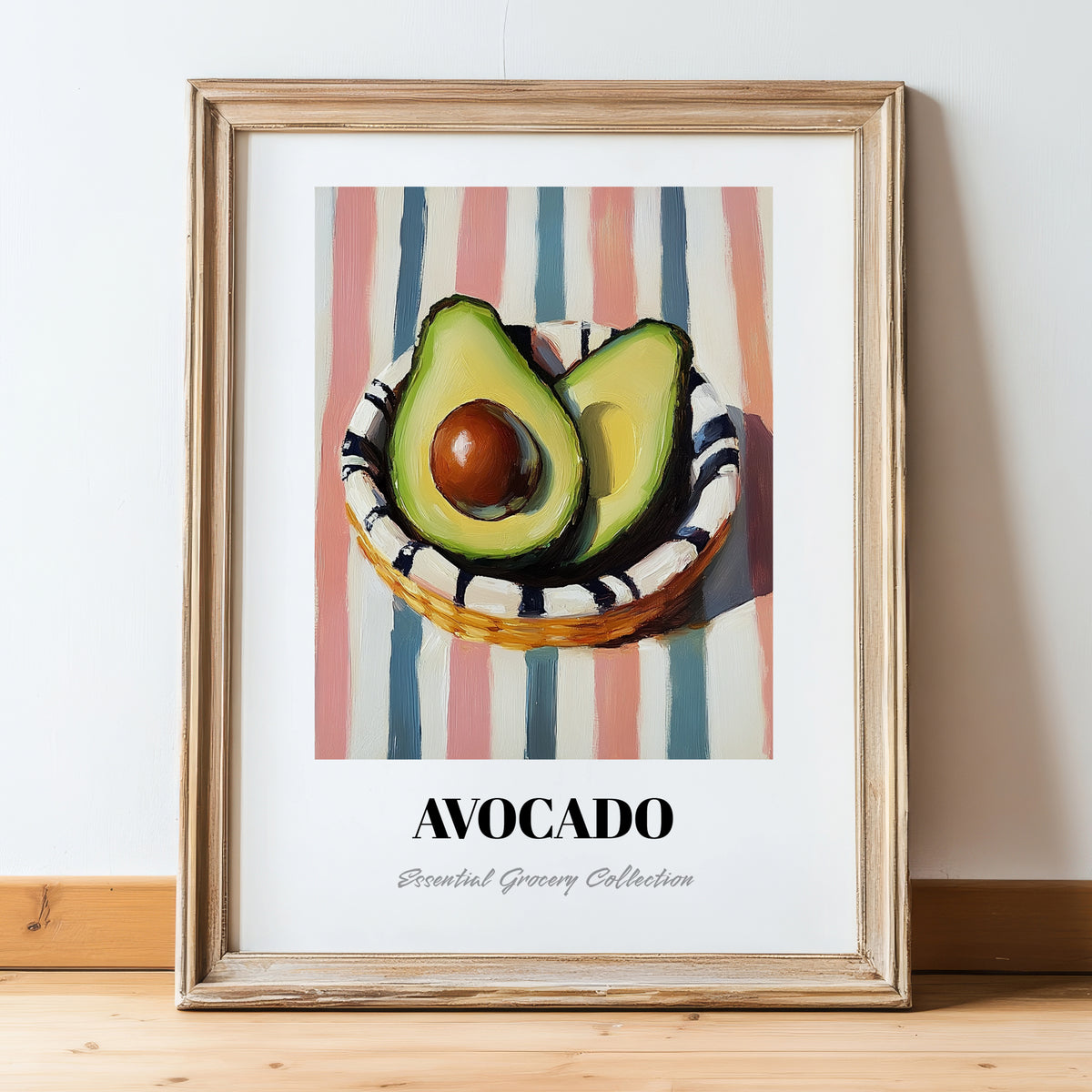 Avocado – on Striped Tablecloth, Vegetable Illustration, in wooden frame leaning on the floor
