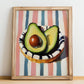 Avocado – on Striped Tablecloth, Vegetable Illustration, no-text version framed in wood