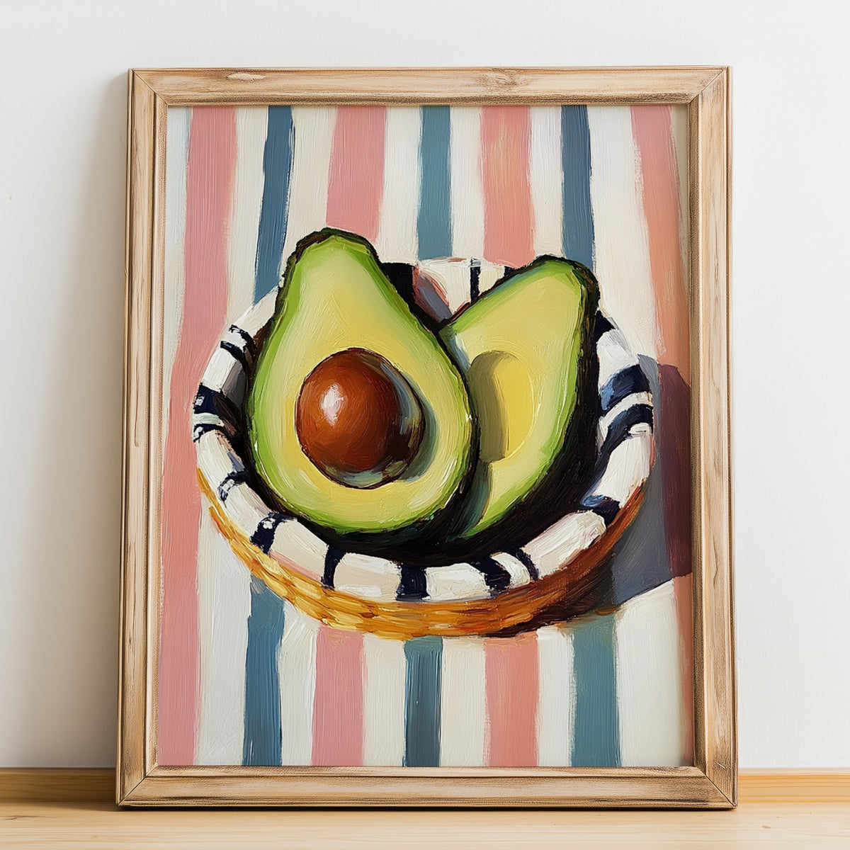 Avocado – on Striped Tablecloth, Vegetable Illustration, no-text version framed in wood
