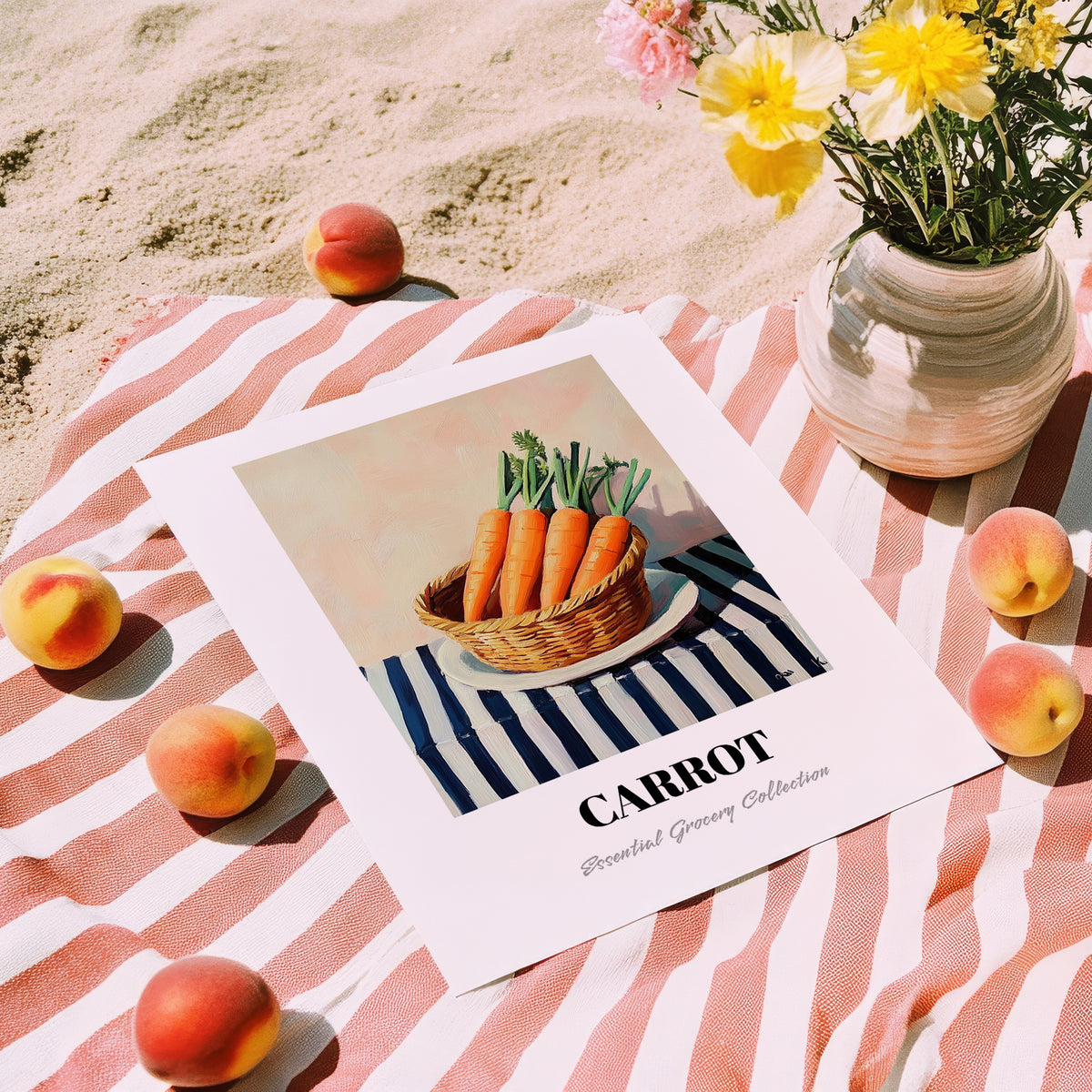 Carrot – on Striped Tablecloth, Vegetable Wall Decor, unframed on coastal sand