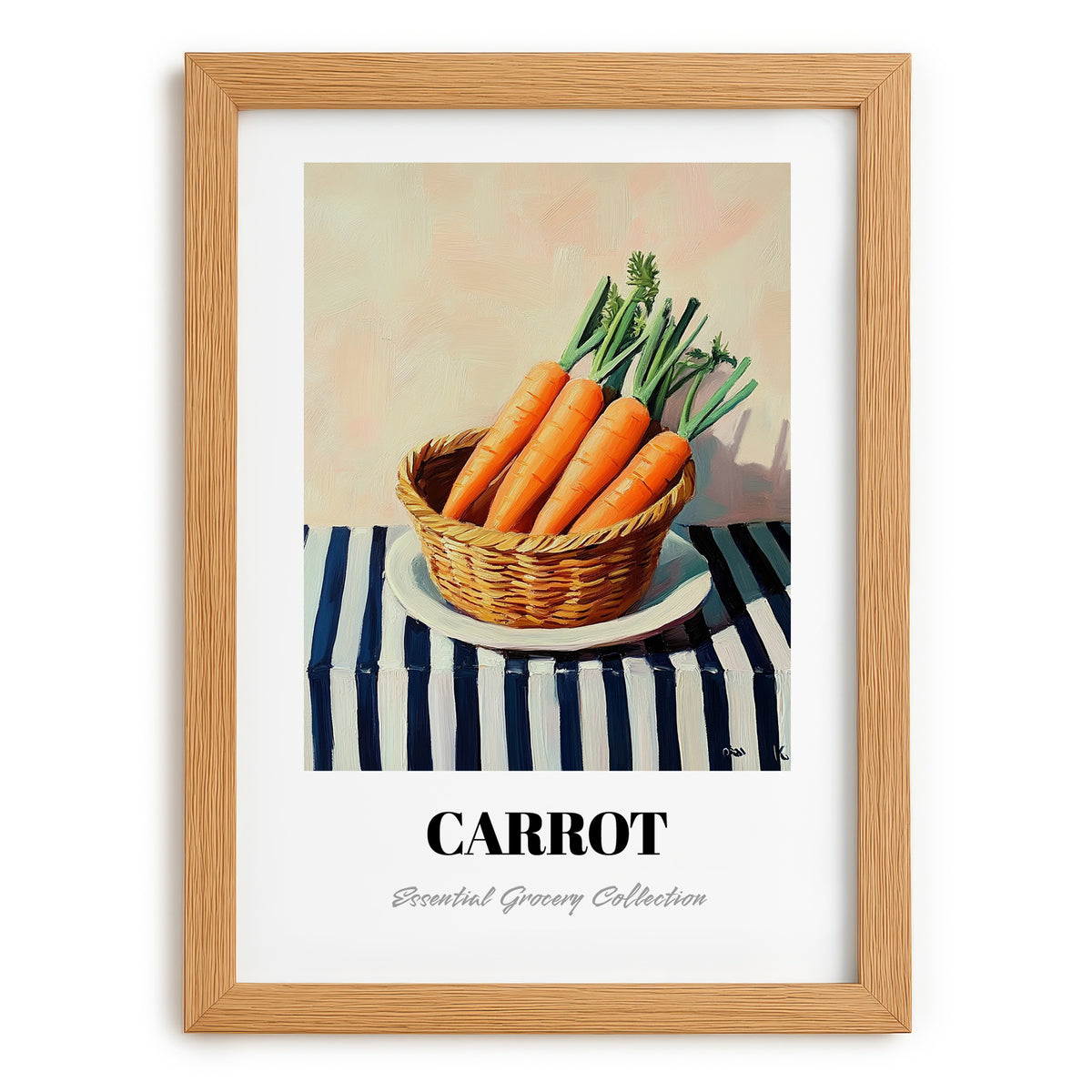 Carrot – on Striped Tablecloth, Vegetable Wall Decor, set in oak frame