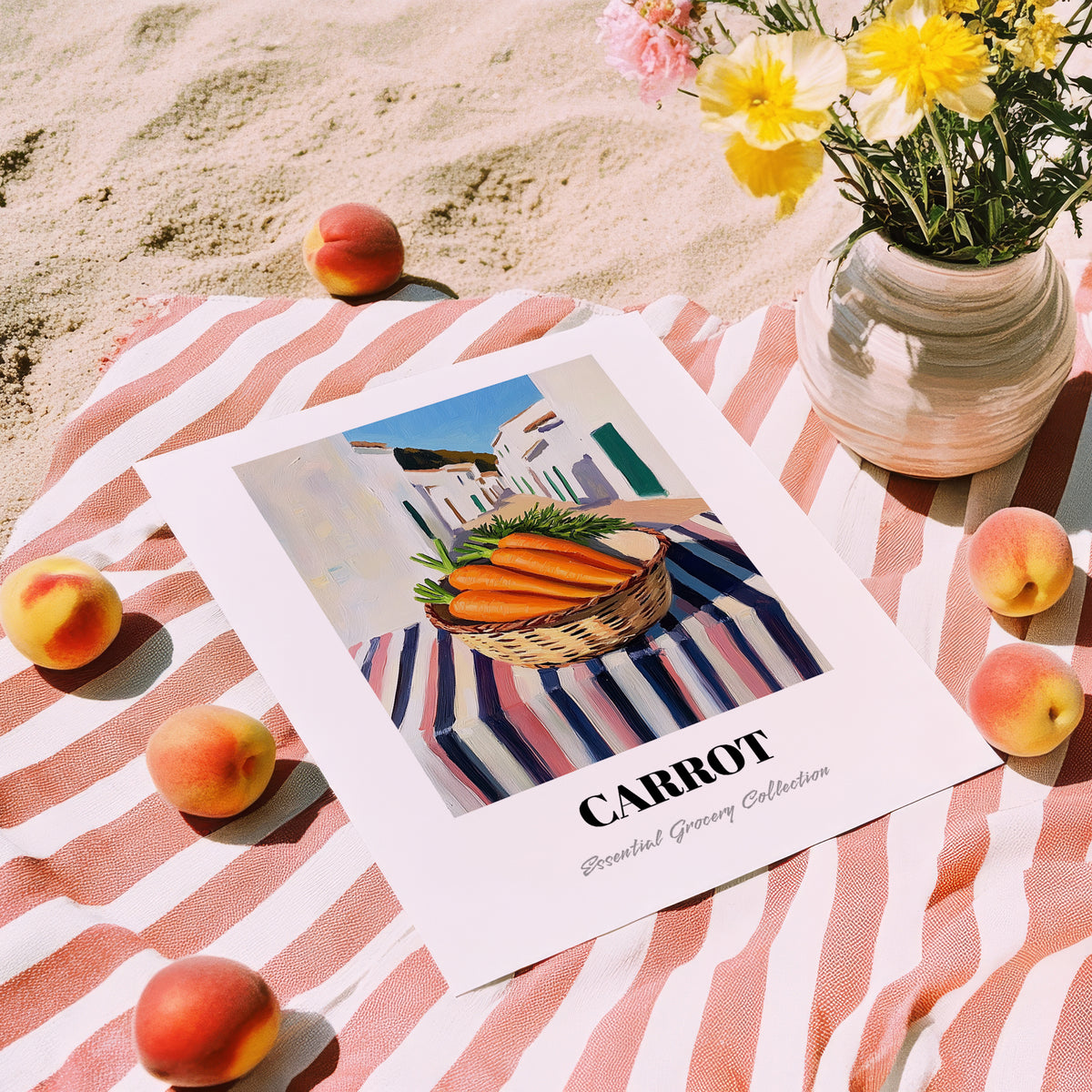 Carrot – White village Urban Café Scene, Vegetable Print, unframed on coastal sand