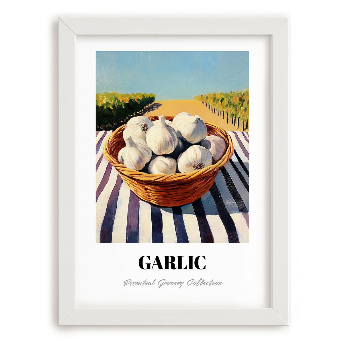 Garlic – Green Valley Landscape, Vegetable Poster, placed in minimal white frame