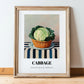 Cabbage – on Striped Tablecloth, Vegetable Poster, in wooden frame leaning on the floor