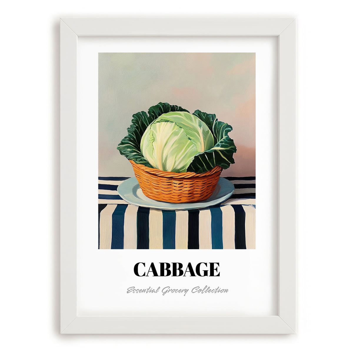 Cabbage – on Striped Tablecloth, Vegetable Poster, placed in minimal white frame