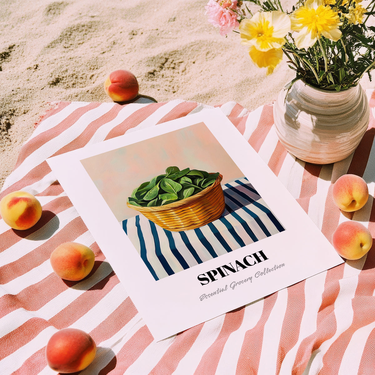 Spinach – on Striped Tablecloth, Vegetable Wall Decor, unframed on coastal sand