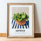 Lettuce – on Striped Tablecloth, Vegetable Wall Decor, in wooden frame leaning on the floor