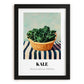 Kale – on Striped Tablecloth, Vegetable Print, in sleek black frame