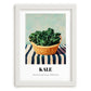 Kale – on Striped Tablecloth, Vegetable Print, placed in minimal white frame