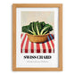 Swiss Chard – on Striped Tablecloth, Vegetable Painting, set in oak frame
