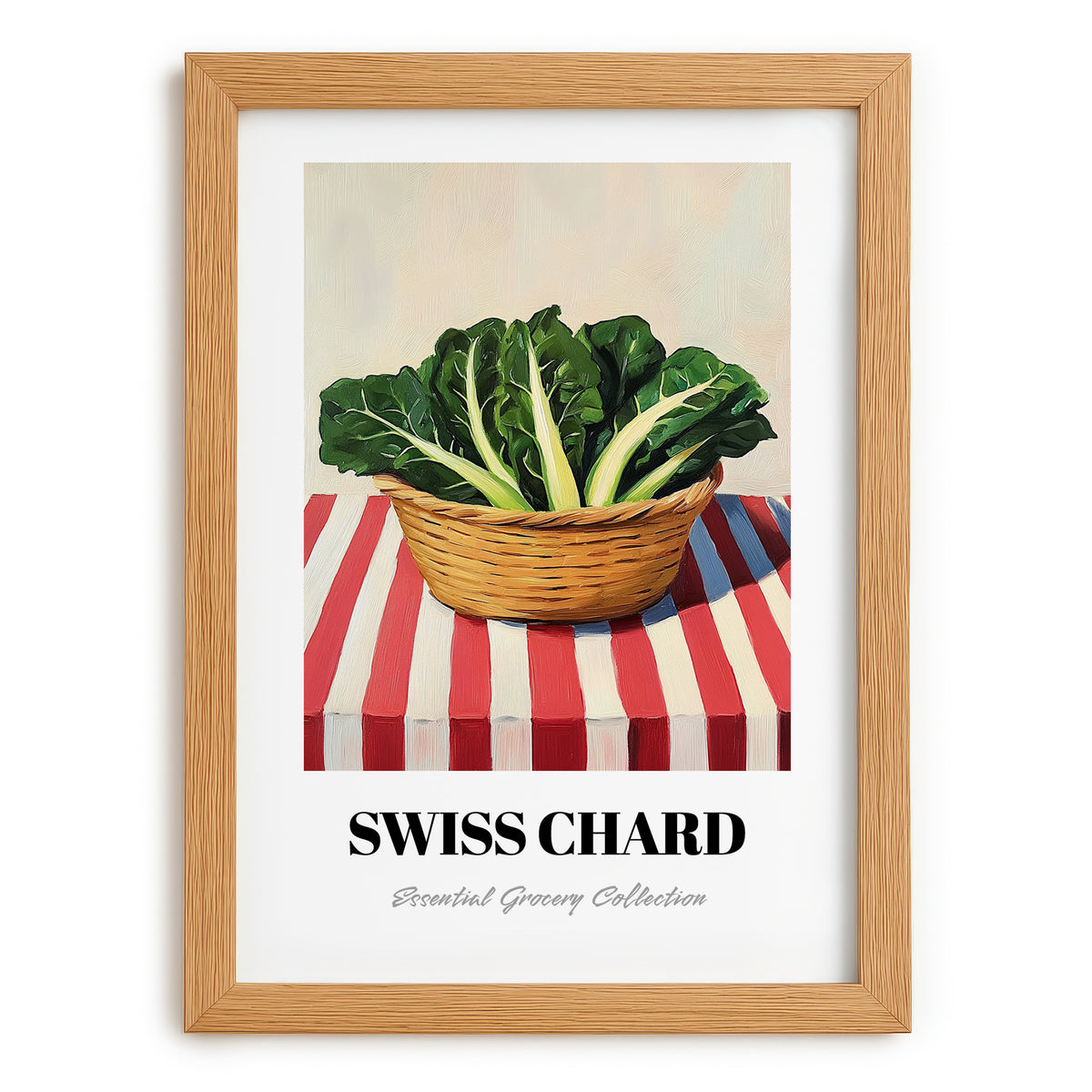 Swiss Chard – on Striped Tablecloth, Vegetable Painting, set in oak frame
