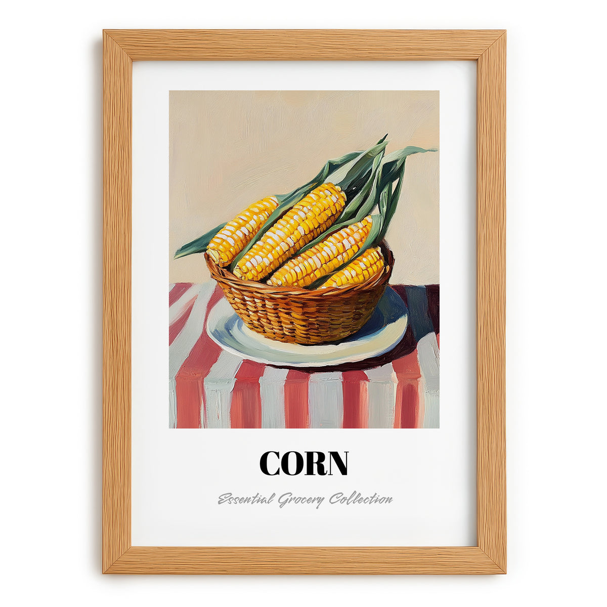 Corn – on Striped Tablecloth, Vegetable Wall Painting, set in oak frame