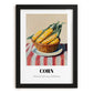 Corn – on Striped Tablecloth, Vegetable Wall Painting, in sleek black frame