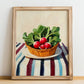 Radish – on Striped Tablecloth, Vegetable Wall Decor, no-text version framed in wood