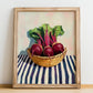 Beetroot – on Striped Tablecloth, Vegetable Poster, no-text version framed in wood