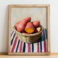 Sweet Potato – on Striped Tablecloth, Vegetable Print, no-text version framed in wood