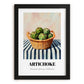 Artichoke – on Striped Tablecloth, Vegetable Still Life, in sleek black frame