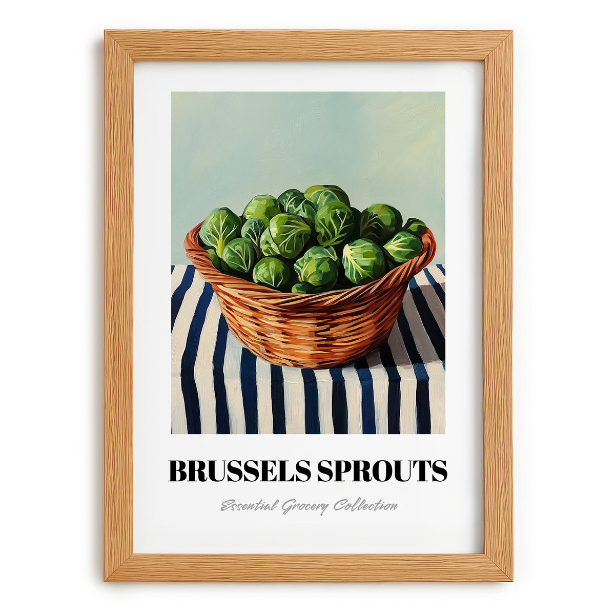 Brussels Sprouts – on Striped Tablecloth, Vegetable Poster, set in oak frame