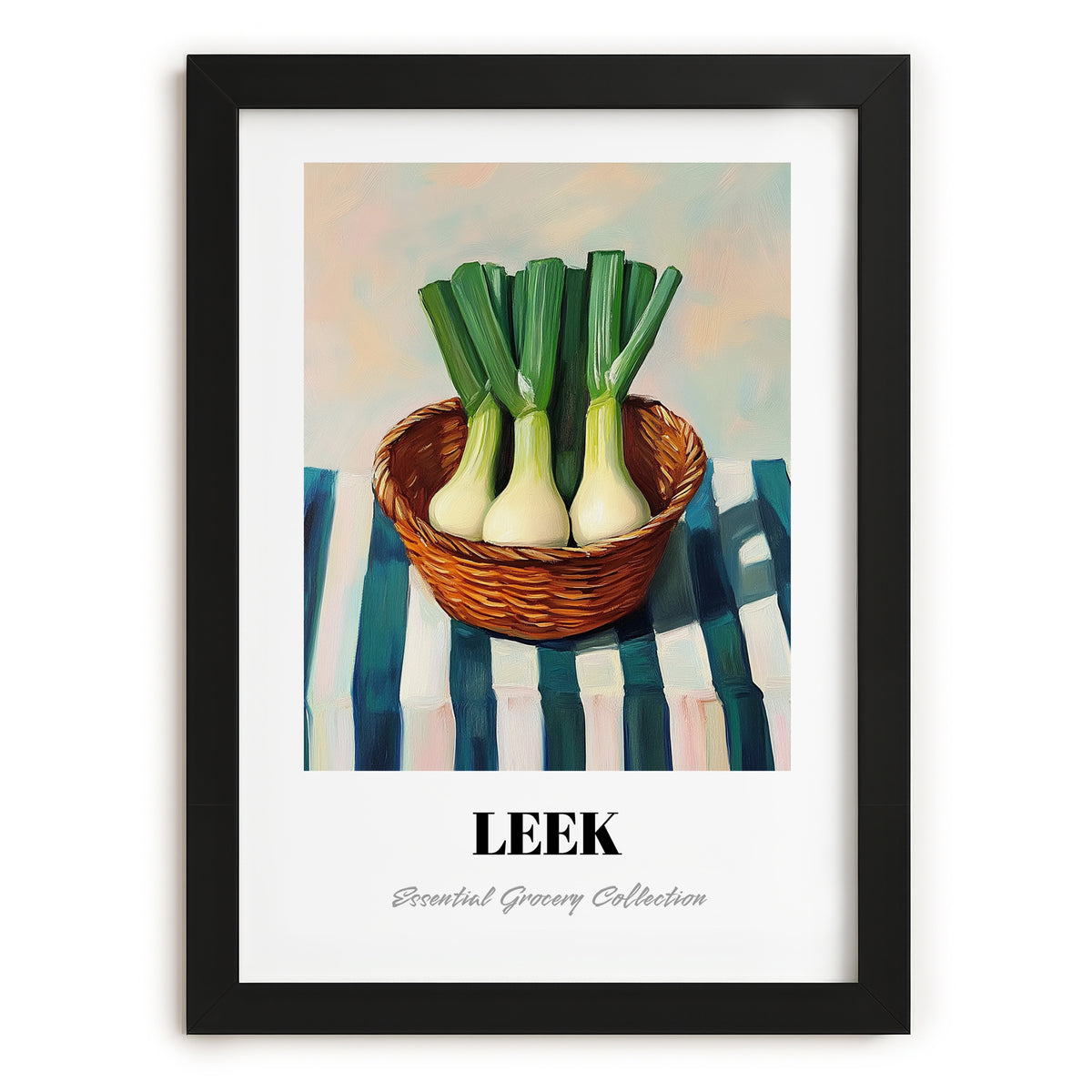 Leek – on Striped Tablecloth, Vegetable Illustration, in sleek black frame