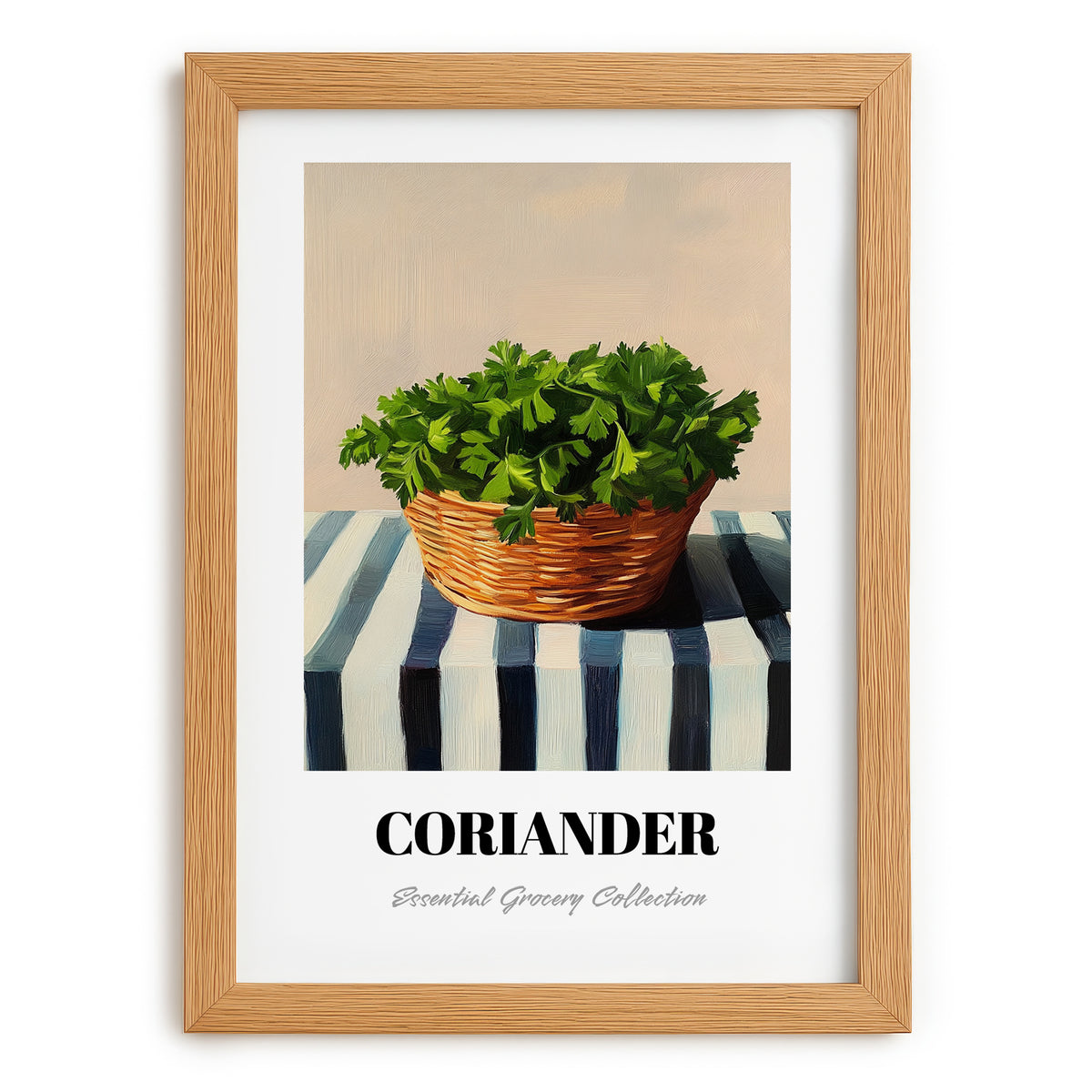 Coriander – on Striped Tablecloth, Fresh Herbs Still Life, set in oak frame