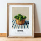 Basil – on Striped Tablecloth, Fresh Herbs Poster, in wooden frame leaning on the floor