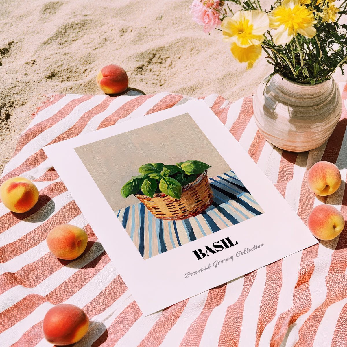 Basil – on Striped Tablecloth, Fresh Herbs Poster, unframed on coastal sand