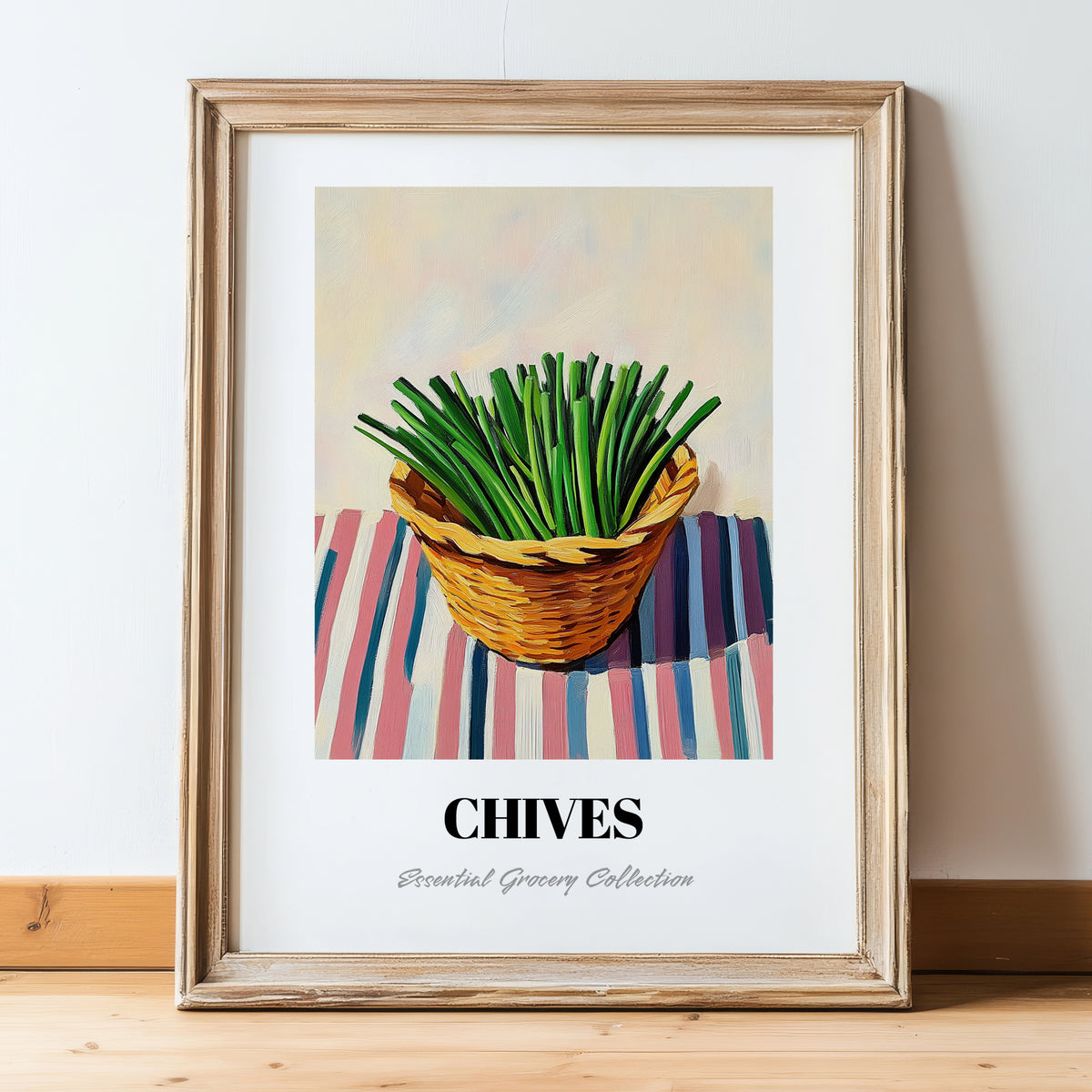 Chives – on Striped Tablecloth, Fresh Herbs Still Life, in wooden frame leaning on the floor