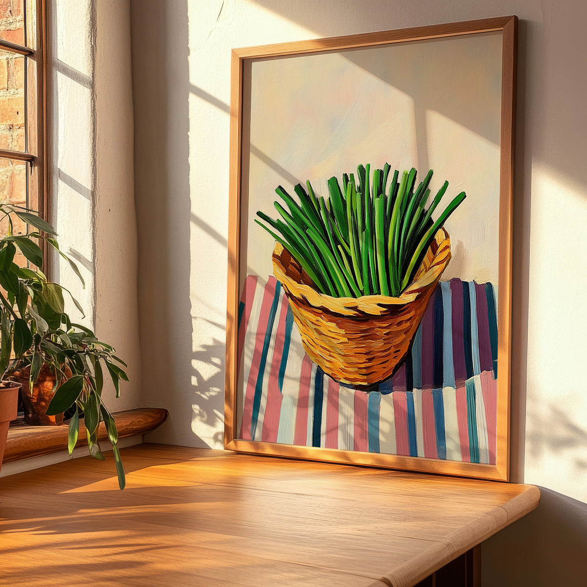 Chives – on Striped Tablecloth, Fresh Herbs Still Life, clean layout with no caption