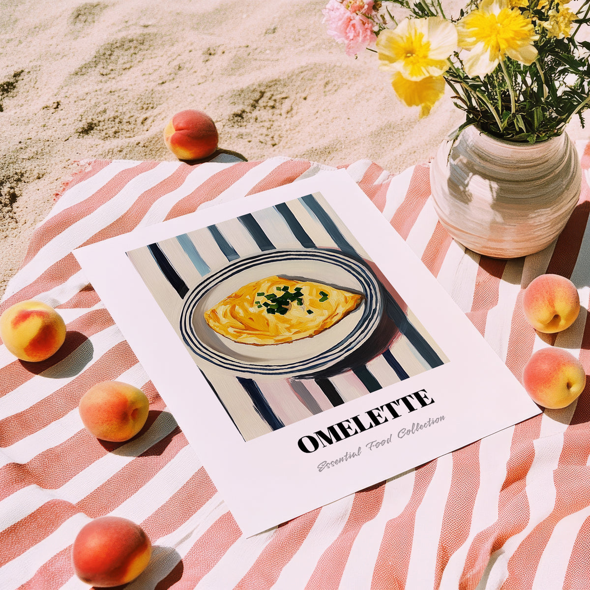 Omelette – on Striped Tablecloth, French Food Poster, unframed on coastal sand
