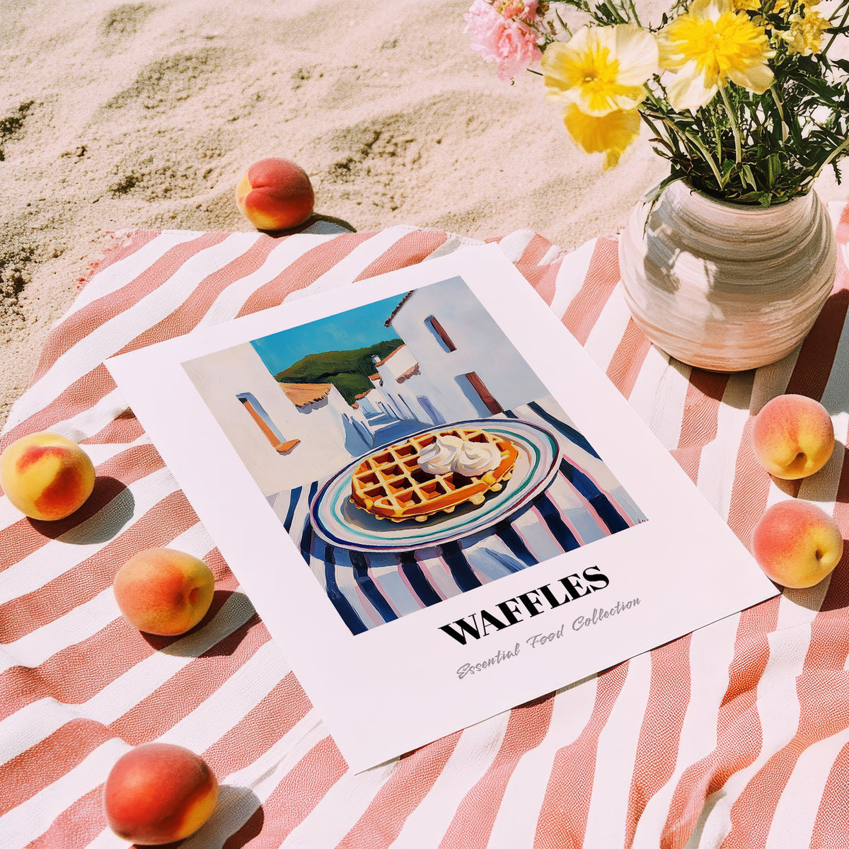 Waffles – White village Urban Café Scene, American Pastry Still Life, unframed on coastal sand