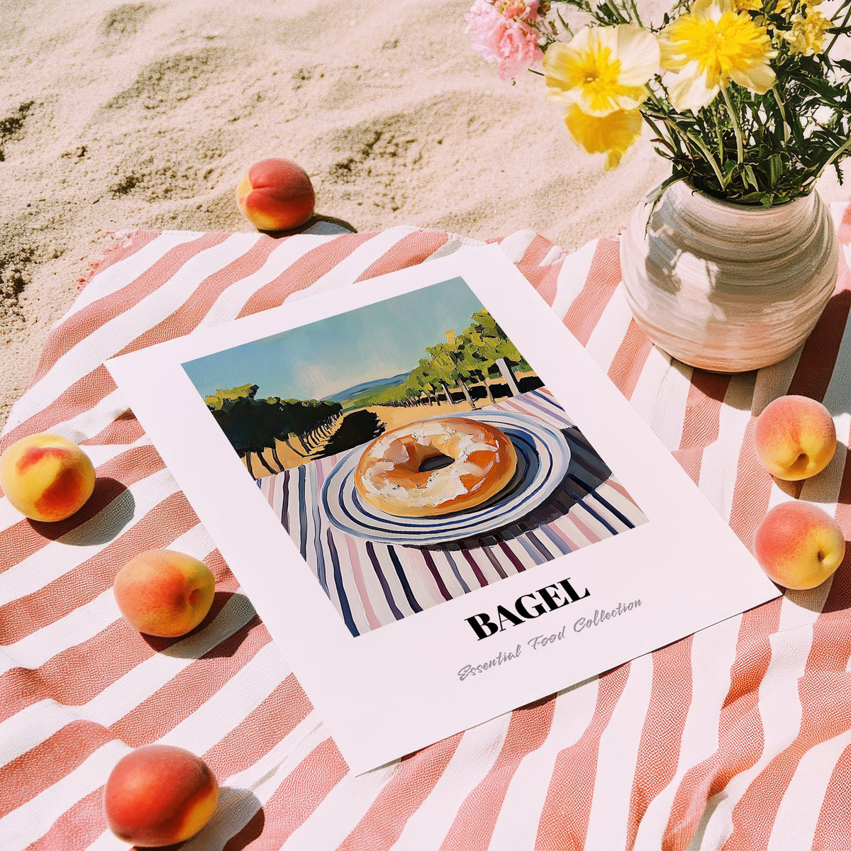 Bagel – Hilltop Table Scene, American Pastry Wall Print, unframed on coastal sand