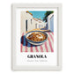 Granola – White village Street Café Scene, American Food Wall Decor, placed in minimal white frame
