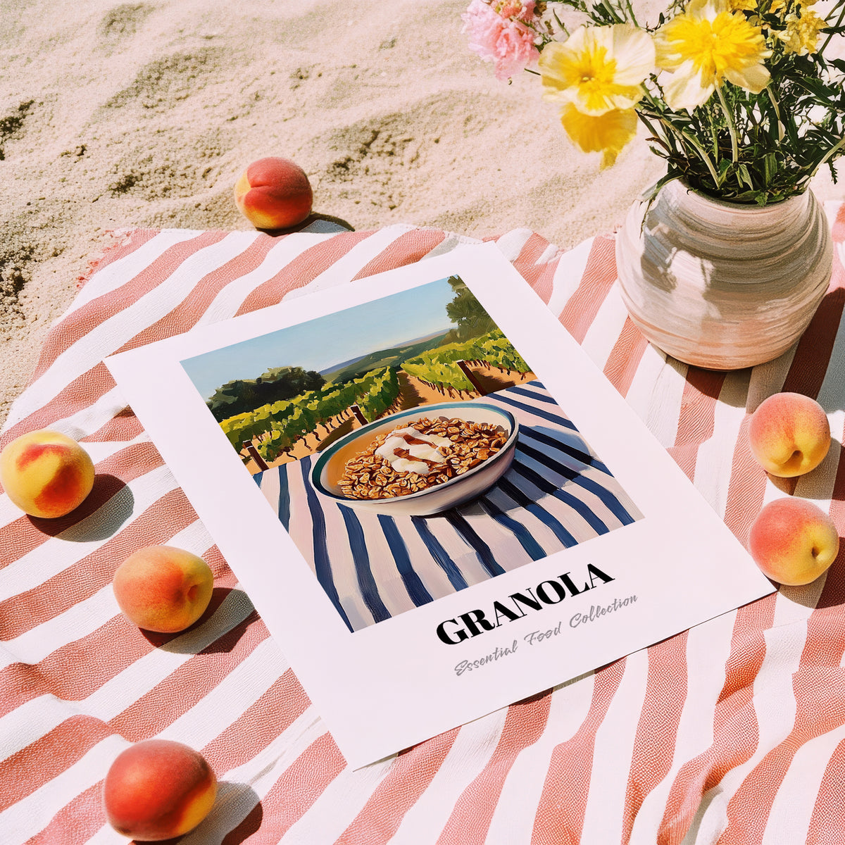 Granola #7 – Hilltop Table Scene, American Food Wall Decor, unframed on coastal sand