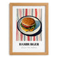 Hamburger – on Striped Tablecloth, American Food Still Life, set in oak frame