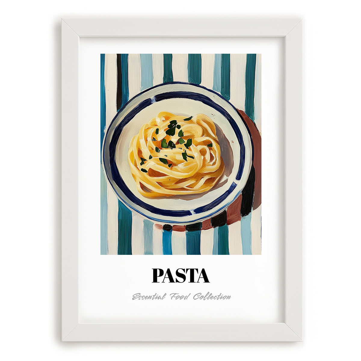 Pasta – on Striped Tablecloth, Italian Pasta Still Life, placed in minimal white frame