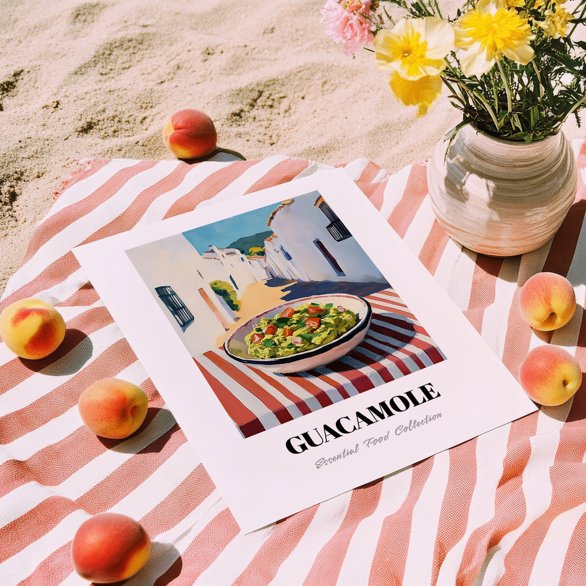 Guacamole – White village Outdoor Café Scene, Mexican Food Painting, unframed on coastal sand